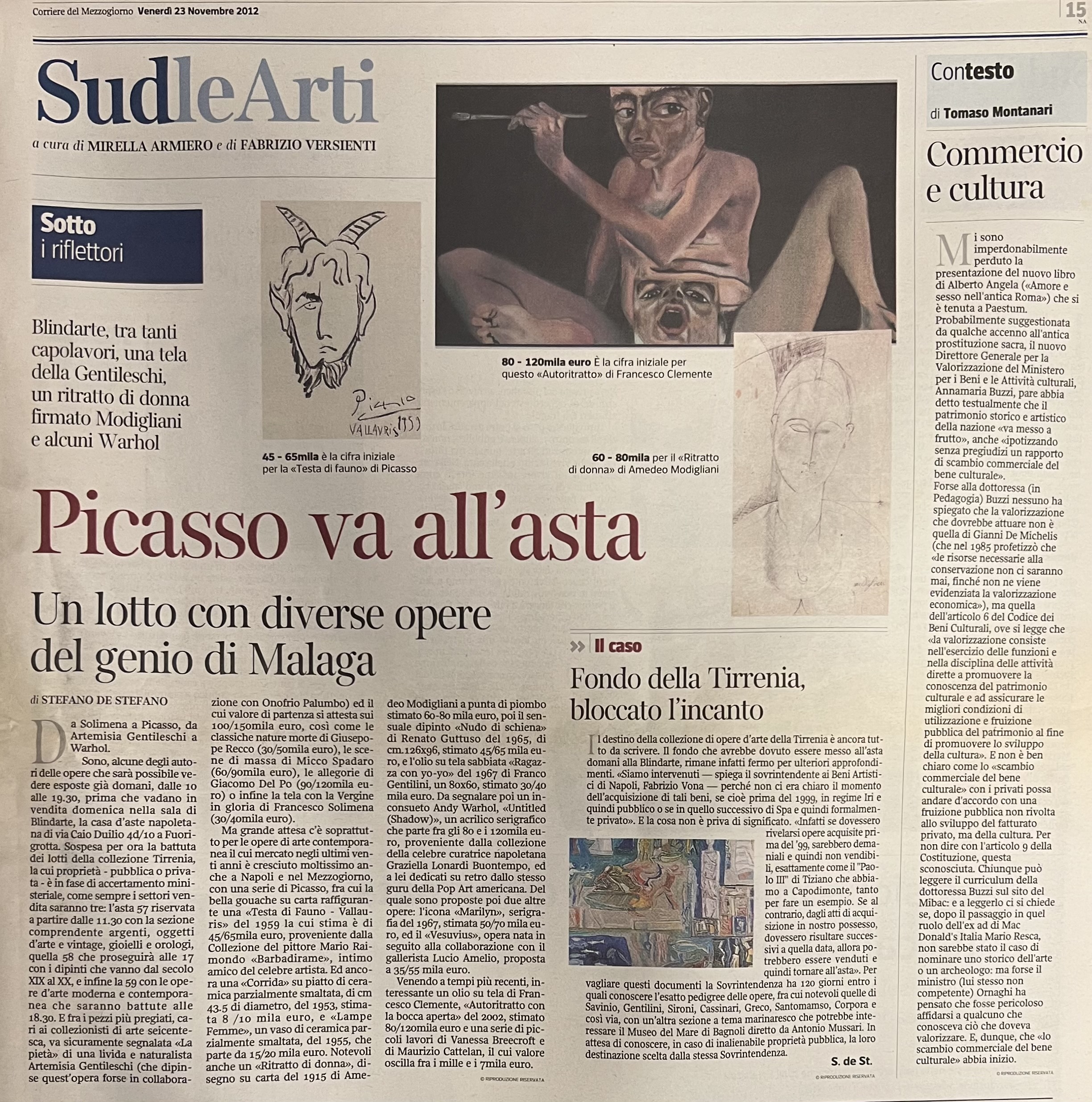 Corriere del Mezzogiorno, 23/11/2012 - Picasso va all'asta. (di Stefano de Stefano)