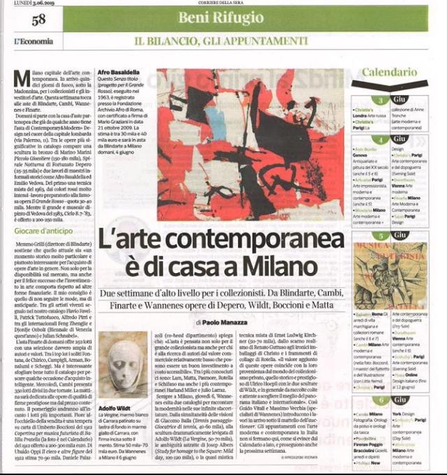 Corriere della Sera, 3/6/2019 - L'arte contemporanea è di casa a Milano (di P. Manazza)