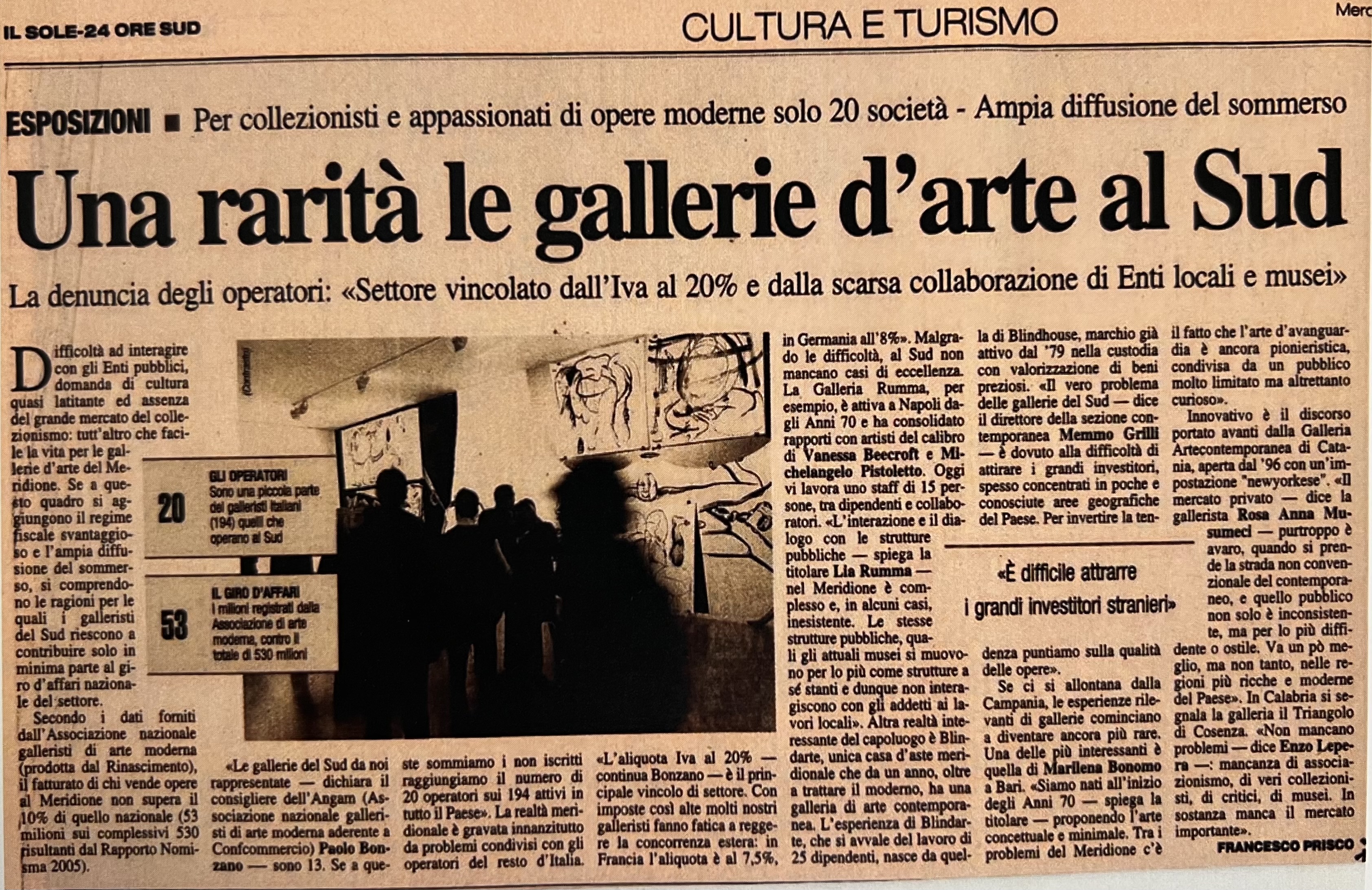 Sole 24 Ore (Dorso SUD), 28/12/2005 - Una rarità le gallerie d'arte al Sud. (di F. Prisco)