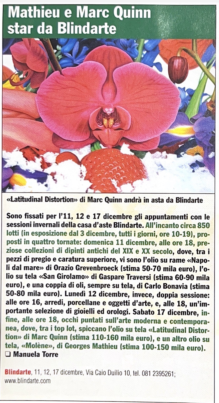 Il Giornalde dell'Arte, N.1 Dicembre 2011 - Febbraio 2012 - Mathieu e Marc Quinn star da Blindarte.  [..]