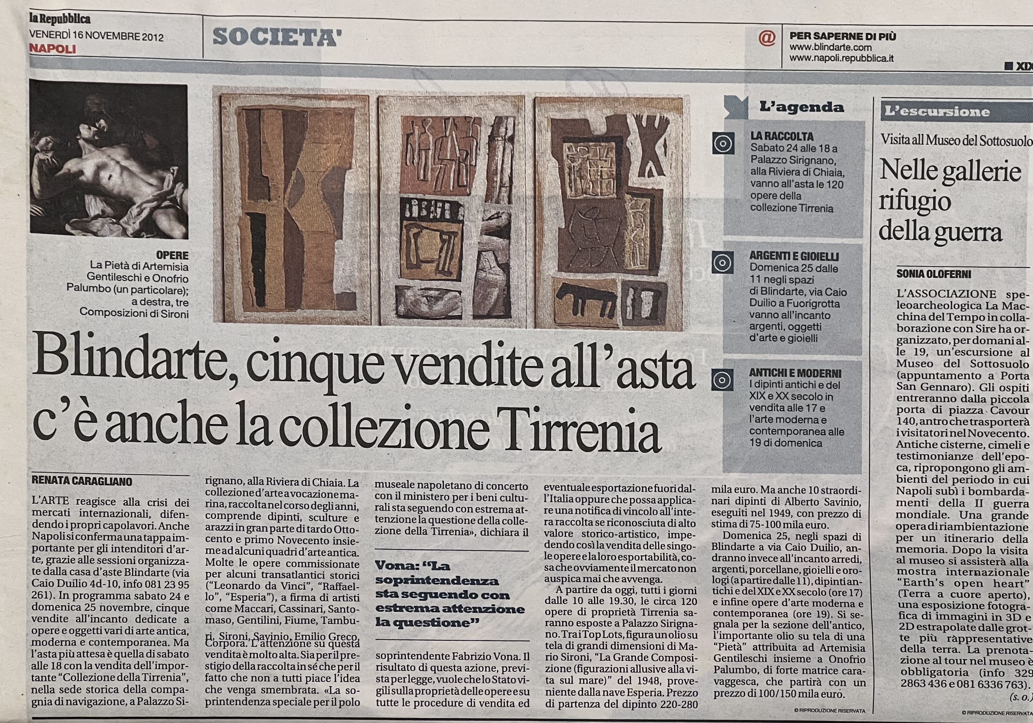 la Repubblica, 16/11/2012 - Blindarte, cinque vendite all'asta c'è anche la collezione Tirrenia. (di  [..]
