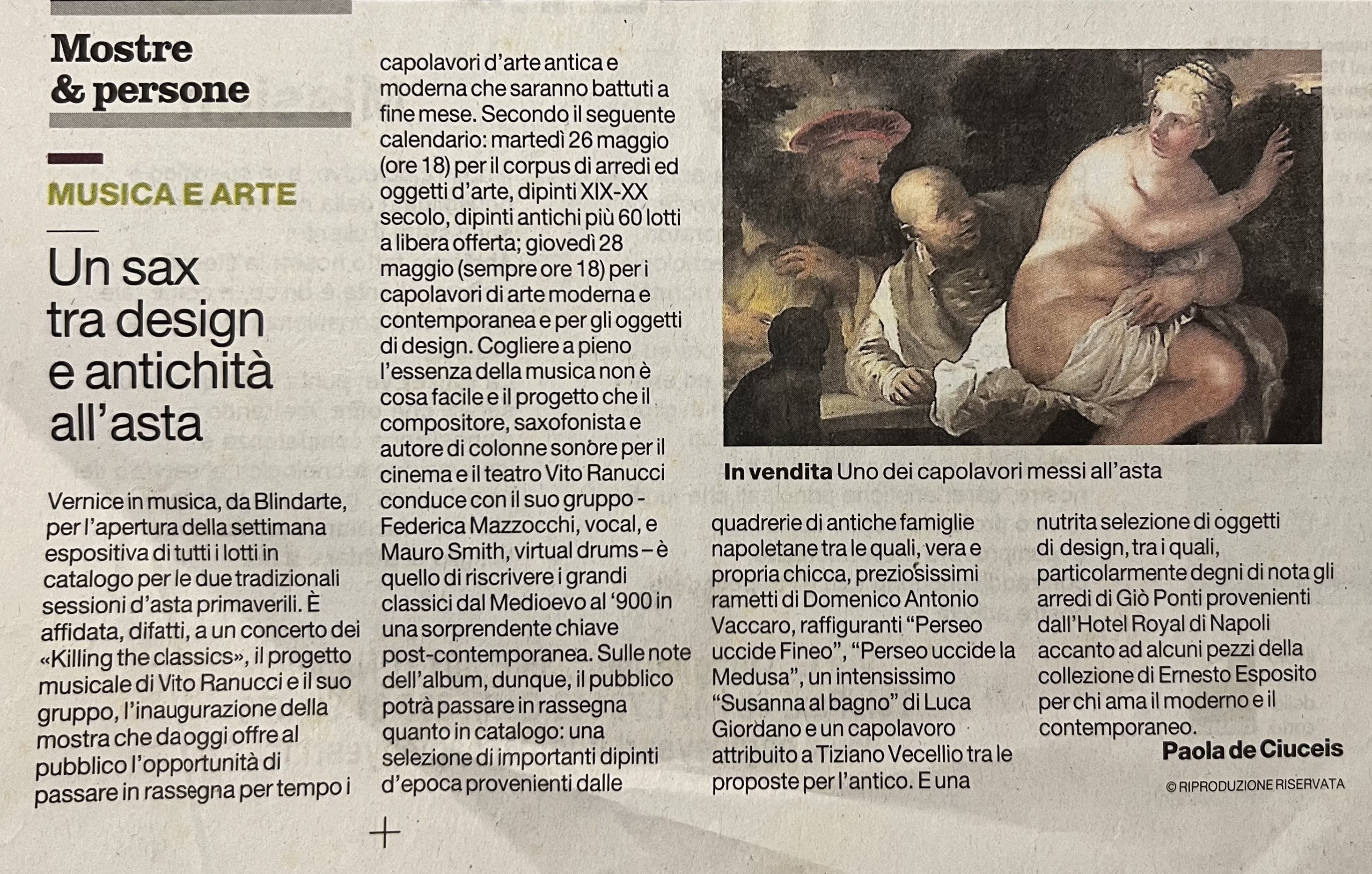 Il Mattino, 15/5/2015 - Un sax tra design e antichità all'asta. (di Paola de Ciuceis)