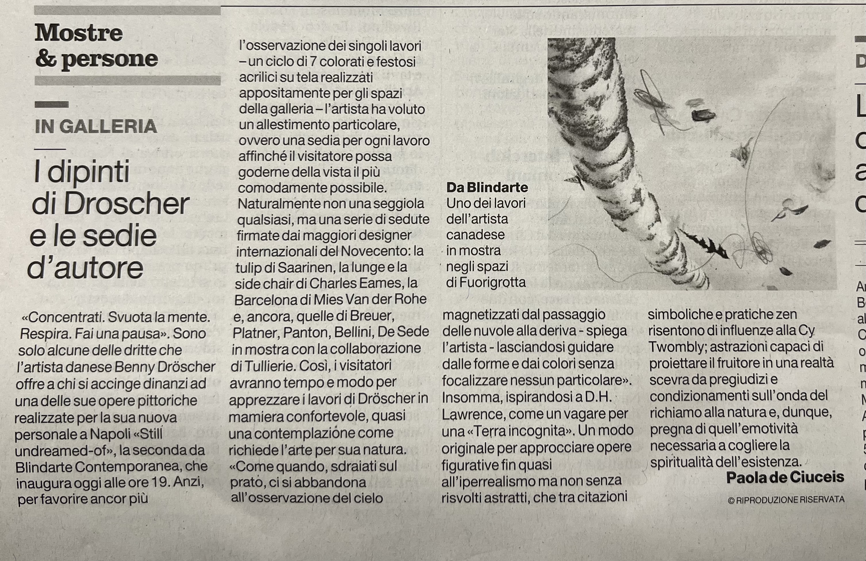 Il Mattino, 21/6/2012 -  I dipinti di Droscher e le sedie d'autore. (di Paola de Ciuceis)